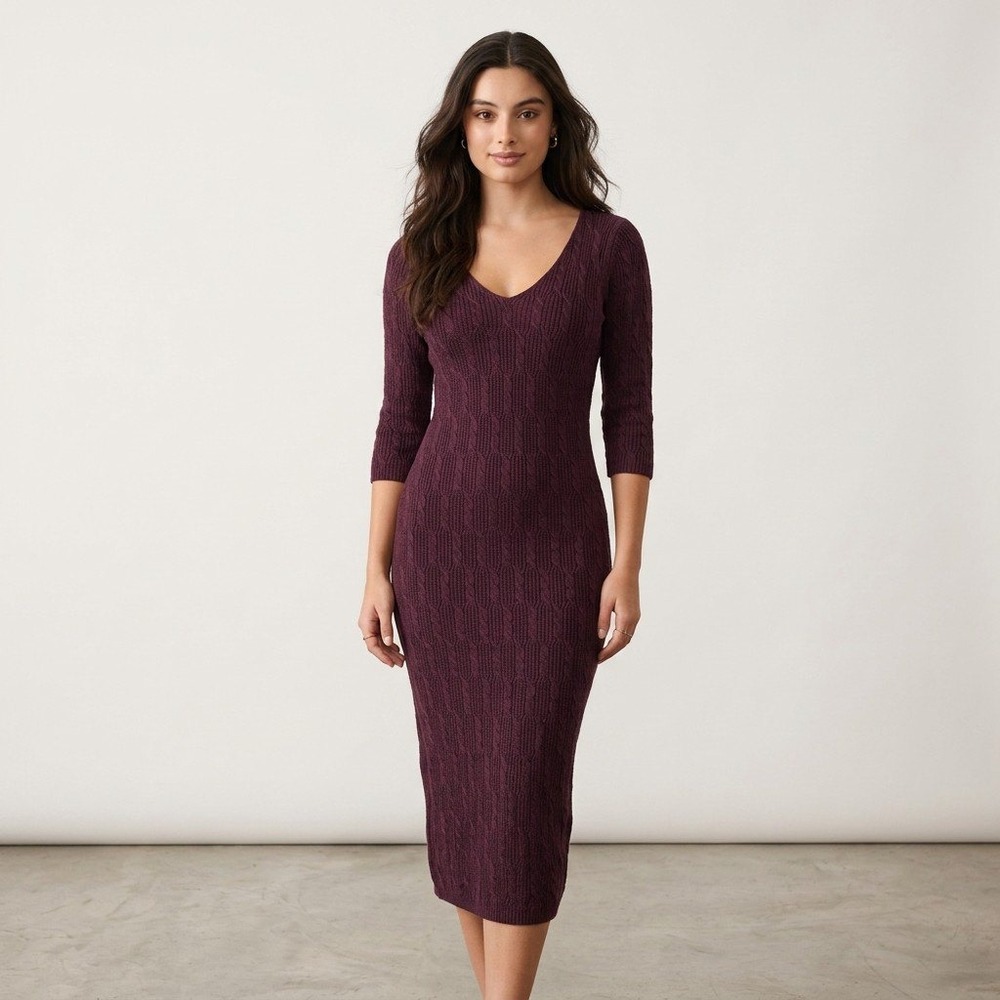 Peruvian Connection Plum Purple Pima Cotton Cable Knit V-Neck Midi Dress Size XS